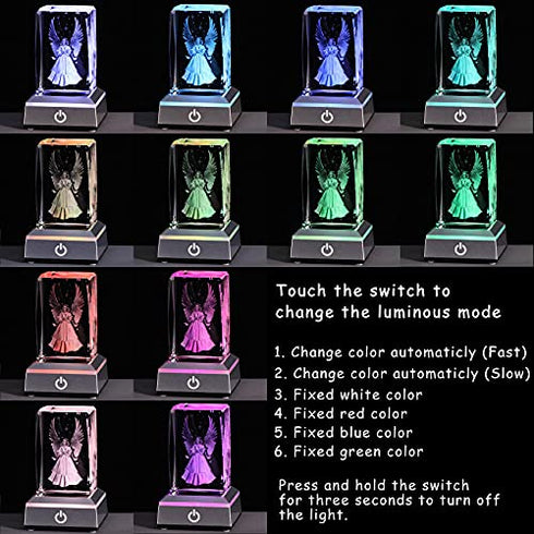 Crystal Guardian Angel Figurine with Colorful Light Base, Laser Engraved Glass Angel Gifts